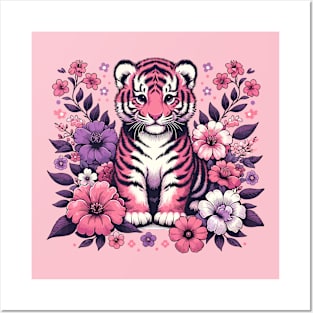 Little pink tiger surrounded by flowers Posters and Art